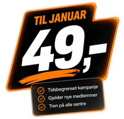 Til januar kr 49. Tidsbegrenset kampanje, gjelder nye medlemmer, tren på alle sentre.